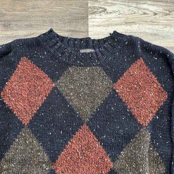 Vintage 90s Knightbridge Blue Argyle Mens L Wool Blend Crewneck Pullover Sweater - Picture 1 of 9